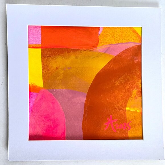 Orange Swipe 2 Original Acrylic Painting 8x8in Matted Frame Ready Squeegee Art - Picture 2 of 8